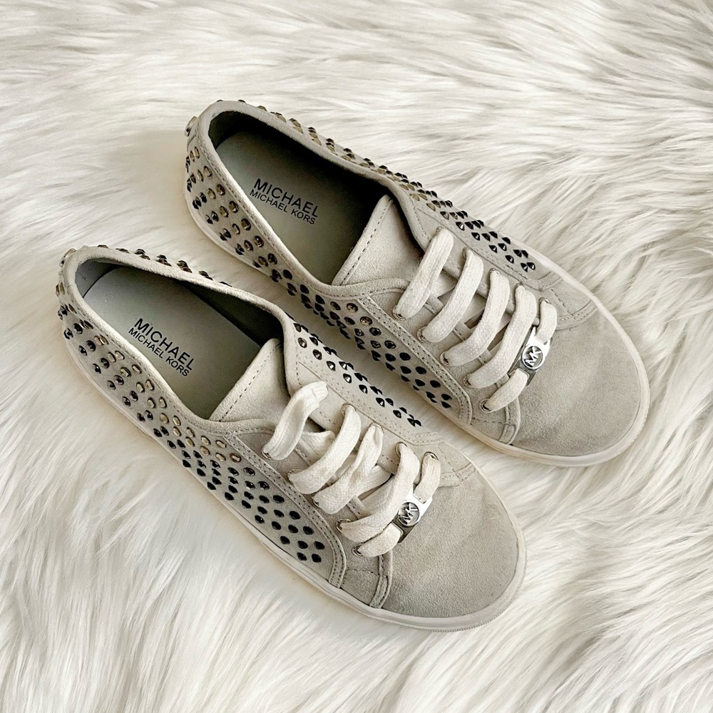MICHAEL Michael Kors Gray Suede Rhinestone Studded Sneakers - Picture 3 of 6